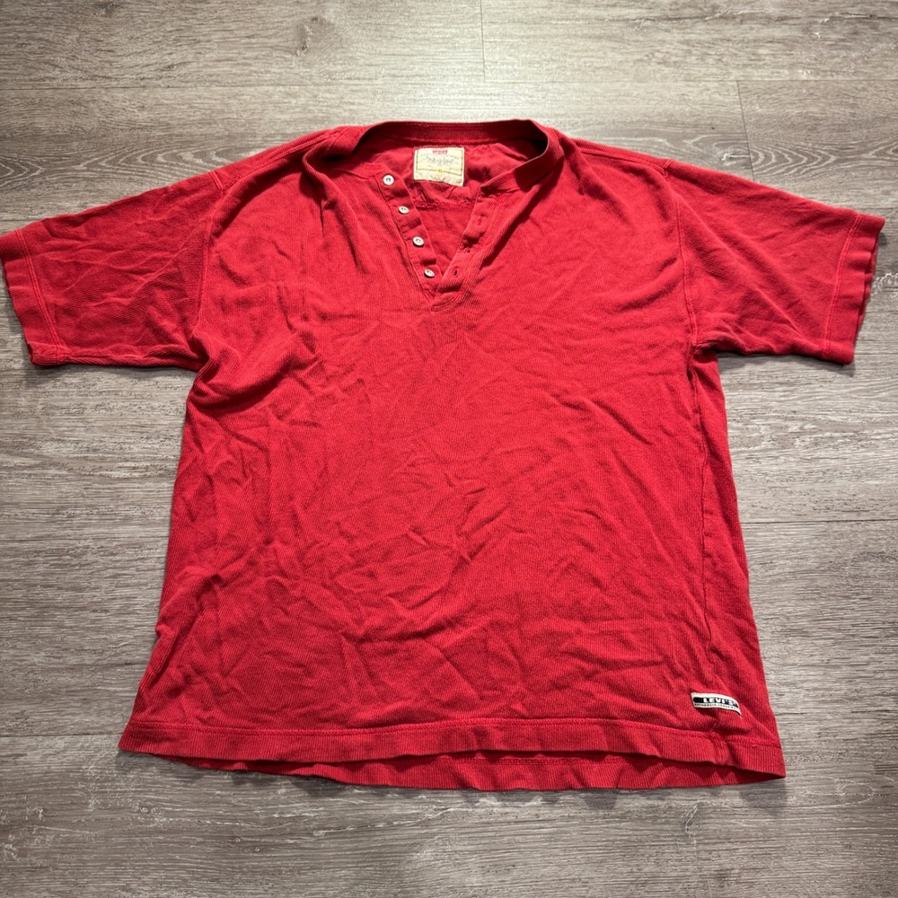 Levi Henley Shirt Mens XL Red Cotton Waffle Thermal Vintage 90s Y2K Authentic